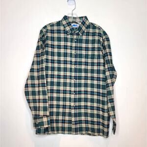 Blue Mountain teal black tan plaid cotton long sleeve button down flannel medium